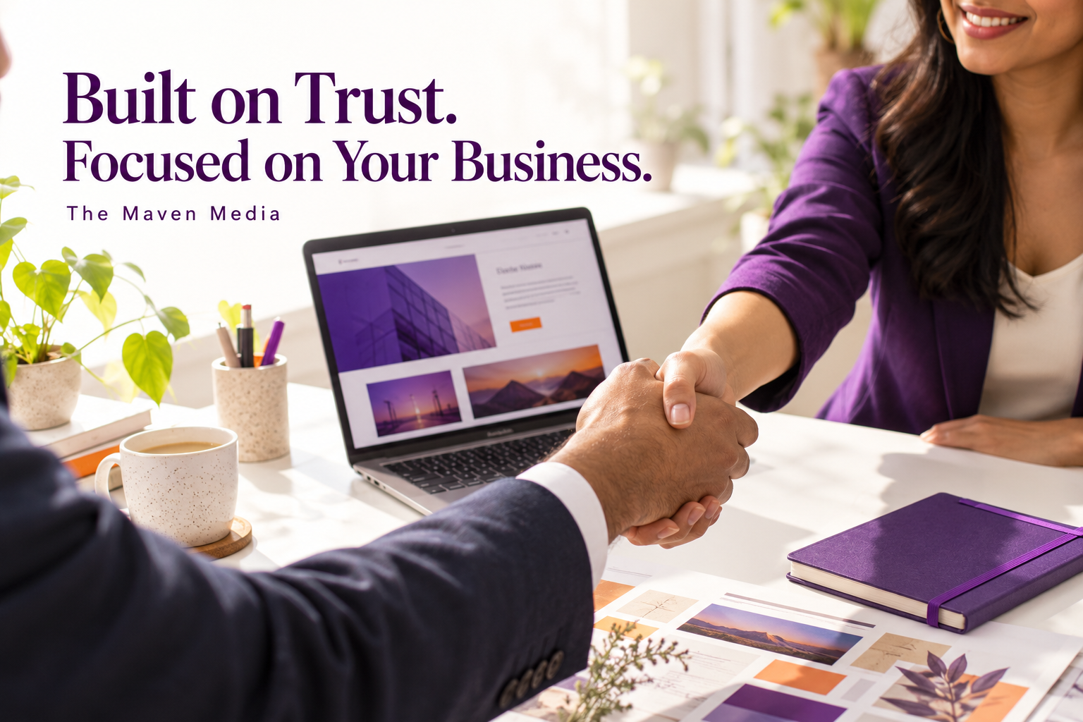 Built on Trust, Focused on Your Business graphic with a professional handshake and purple marketing workspace.