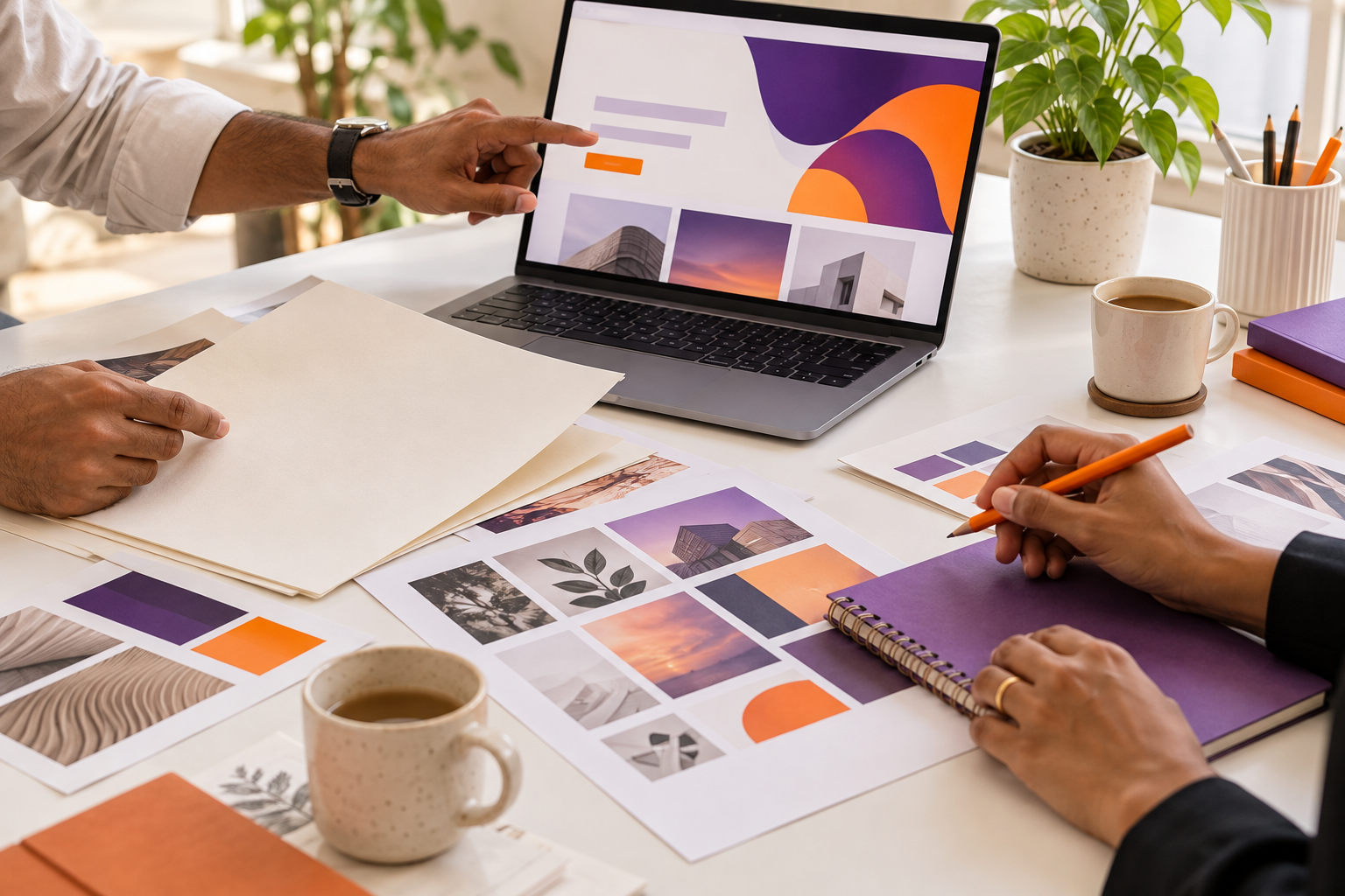 Conceptual scene of business professionals reviewing a digital marketing moodboard and website design.