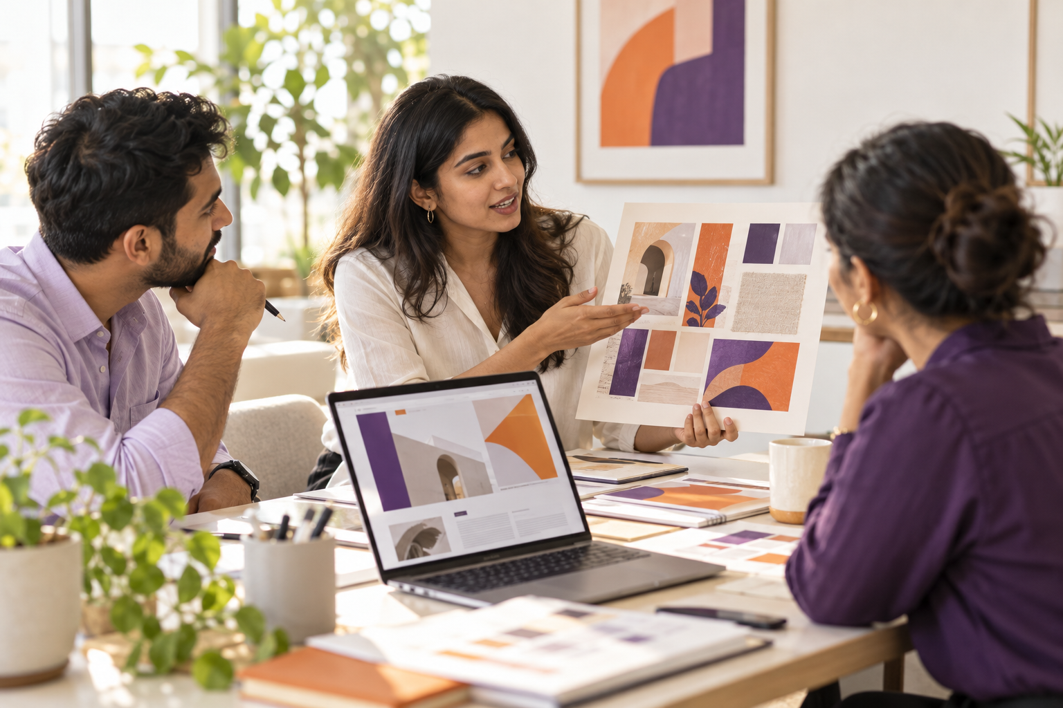 Conceptual scene of a marketing team discussing a purple and orange creative moodboard.
