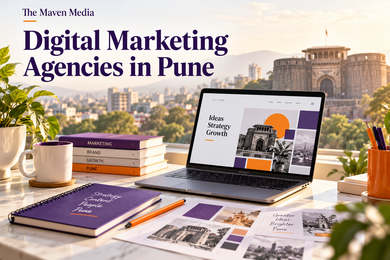 Digital marketing agencies in Pune blog graphic featuring a creative workspace and Pune-inspired architecture.