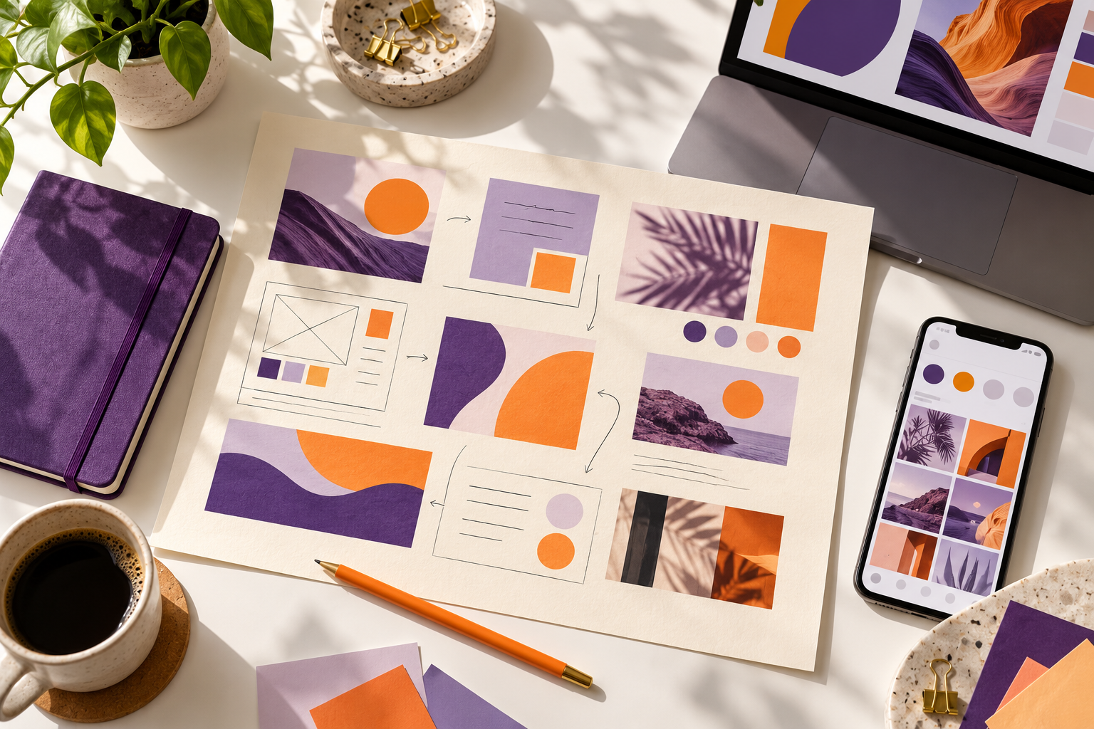 Conceptual marketing planning workspace with a storyboard, notebook and digital devices.